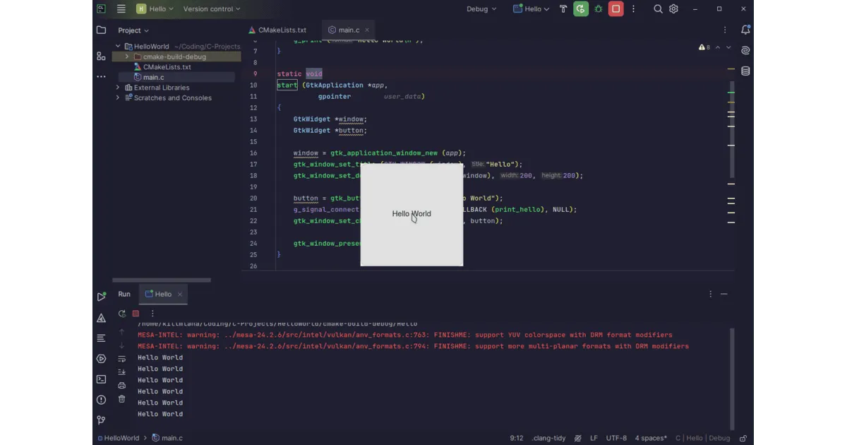 Hello World GTK window Image showing the Hello World GTK window