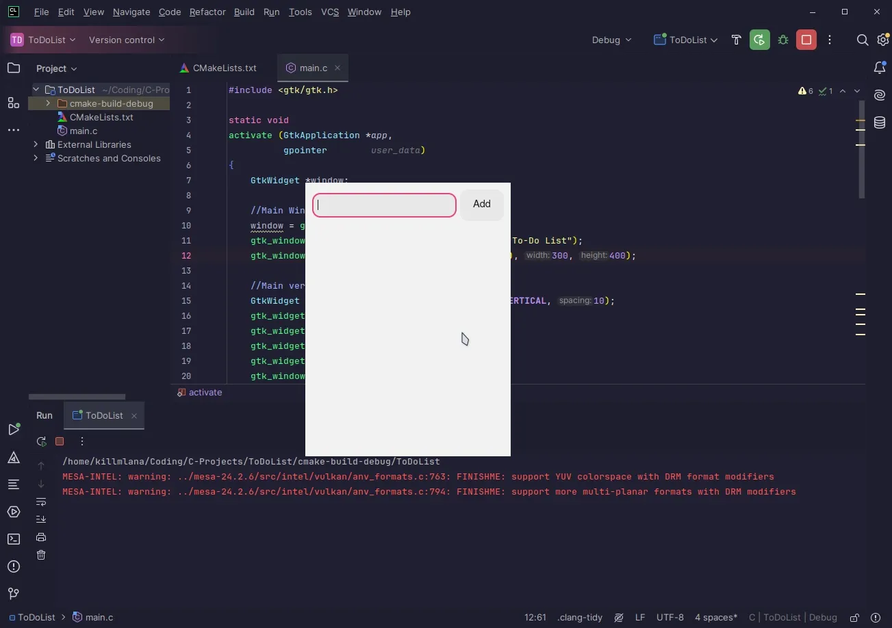 The image shows the container handling user input which includes the entry and addbutton widgets